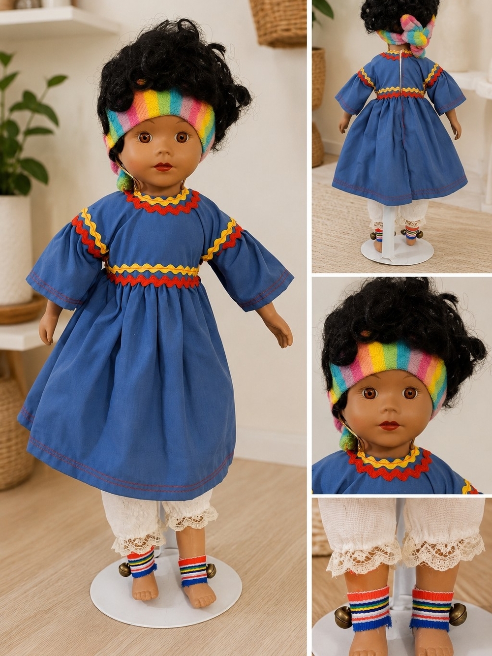 Anco 16" Vintage Ethnic Girl Doll Blue Dress Rainbow Headband